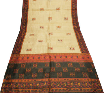 Sushila Vintage Cream Saree 100% Pure Silk Printed Floral Soft Craft Fabric