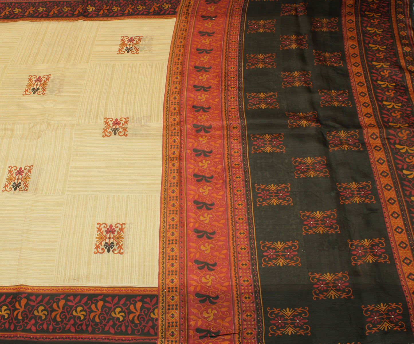 Sushila Vintage Cream Saree 100% Pure Silk Printed Floral Soft Craft Fabric