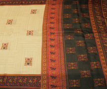 Sushila Vintage Cream Saree 100% Pure Silk Printed Floral Soft Craft Fabric