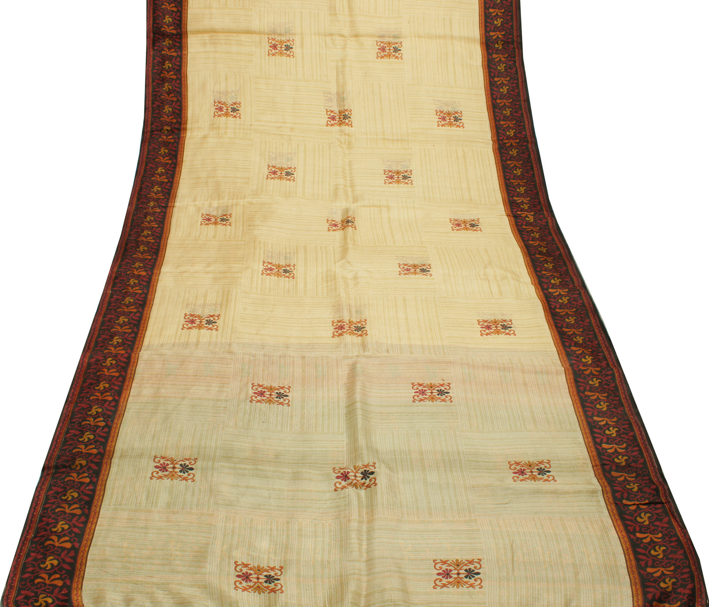 Sushila Vintage Cream Saree 100% Pure Silk Printed Floral Soft Craft Fabric