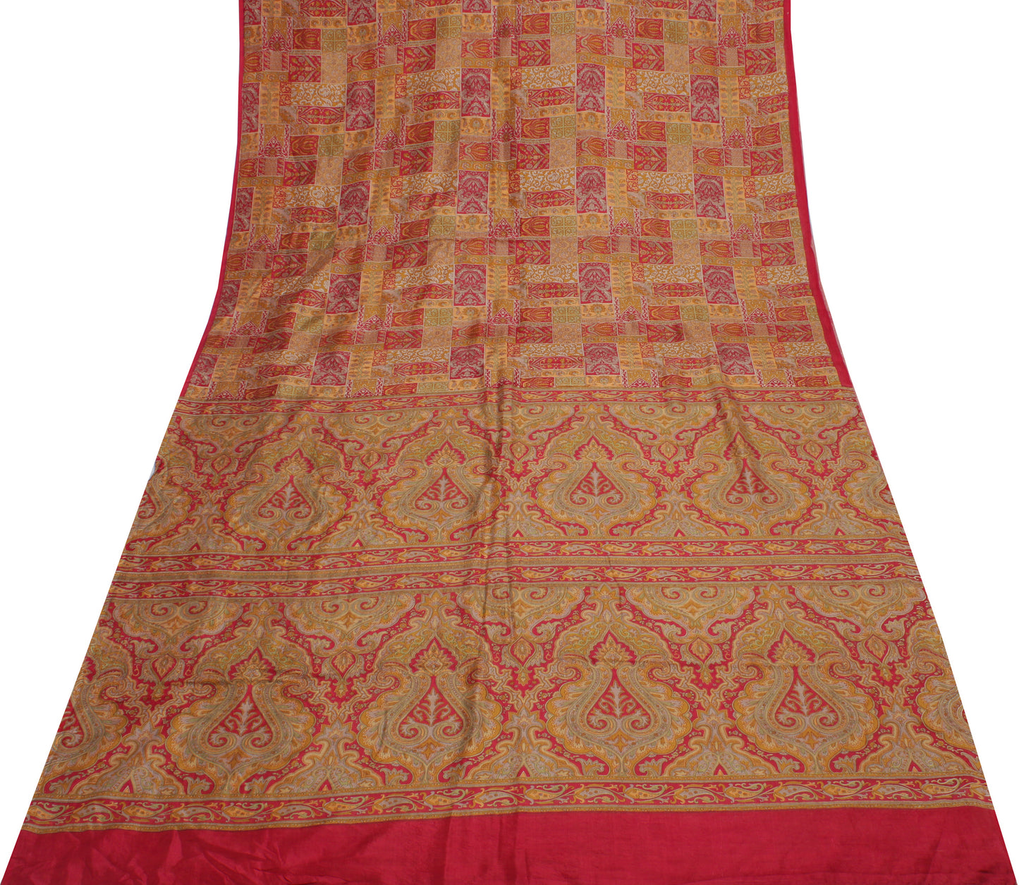 Sushila Vintage Red Indian Saree 100% Pure Silk Printed Soft Craft 5 Yard Fabric