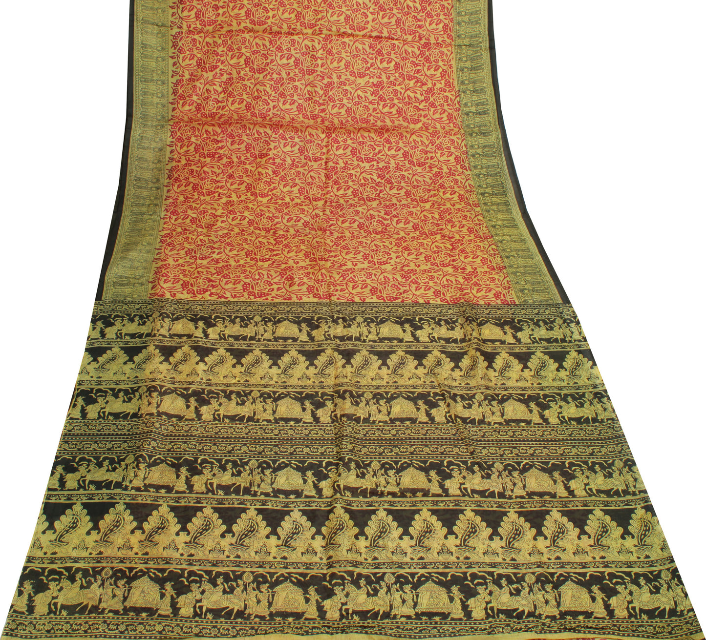 Sushila Vintage Yellow Saree 100% Pure Silk Printed Floral Soft Craft Fabric