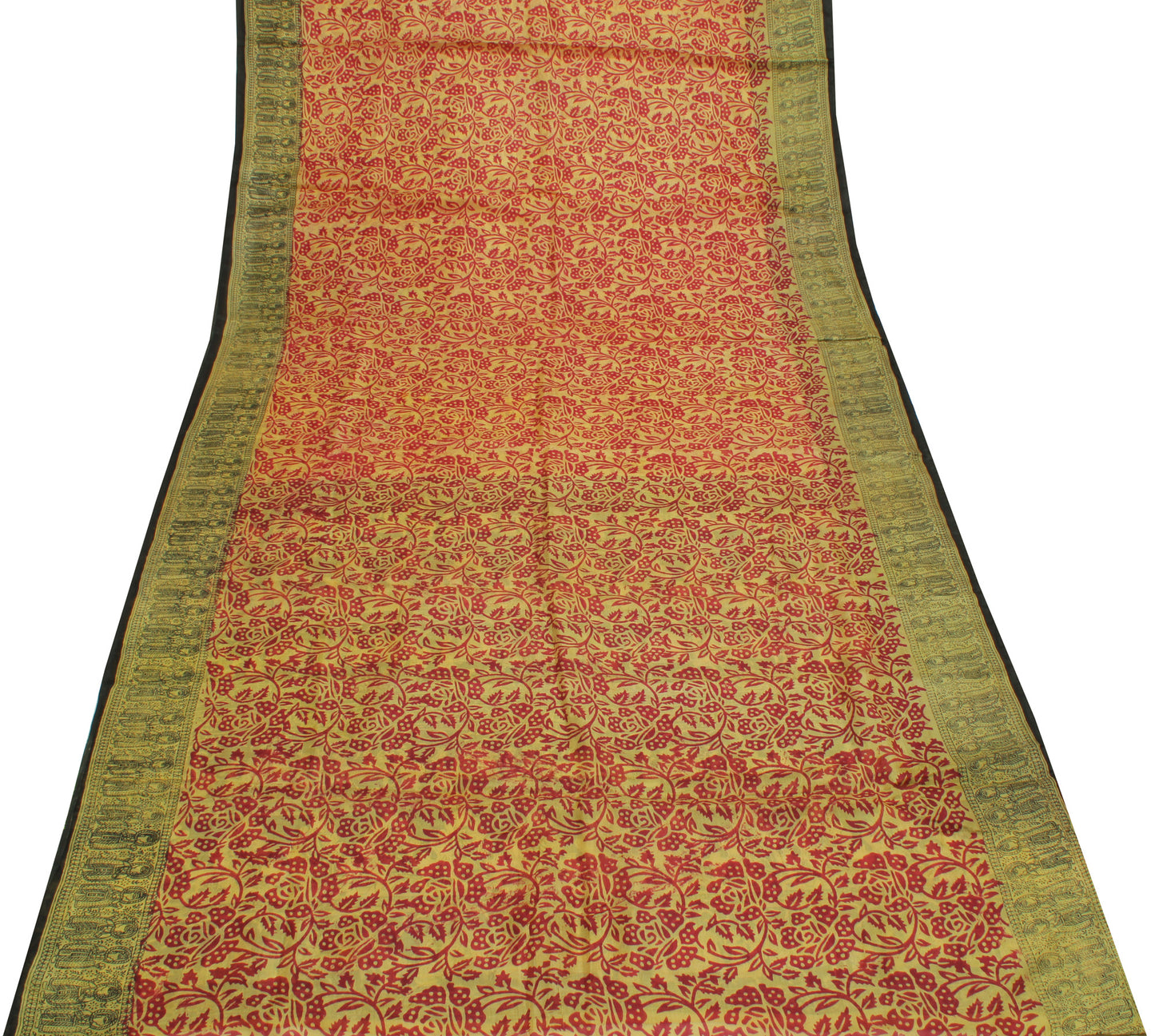 Sushila Vintage Yellow Saree 100% Pure Silk Printed Floral Soft Craft Fabric