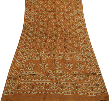 Sushila Vintage Brown Saree 100% Pure Silk Printed Floral Soft Craft Fabric