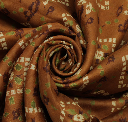 Sushila Vintage Brown Saree 100% Pure Silk Printed Floral Soft Craft Fabric