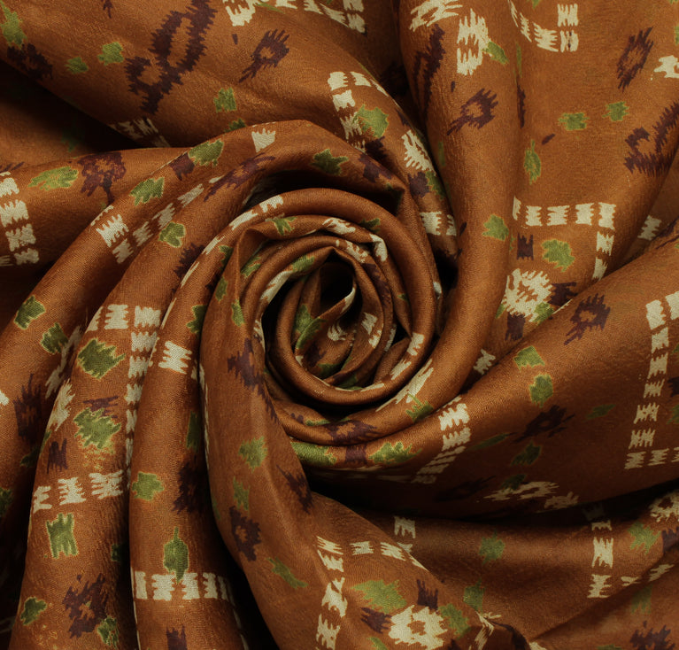 Sushila Vintage Brown Saree 100% Pure Silk Printed Floral Soft Craft Fabric