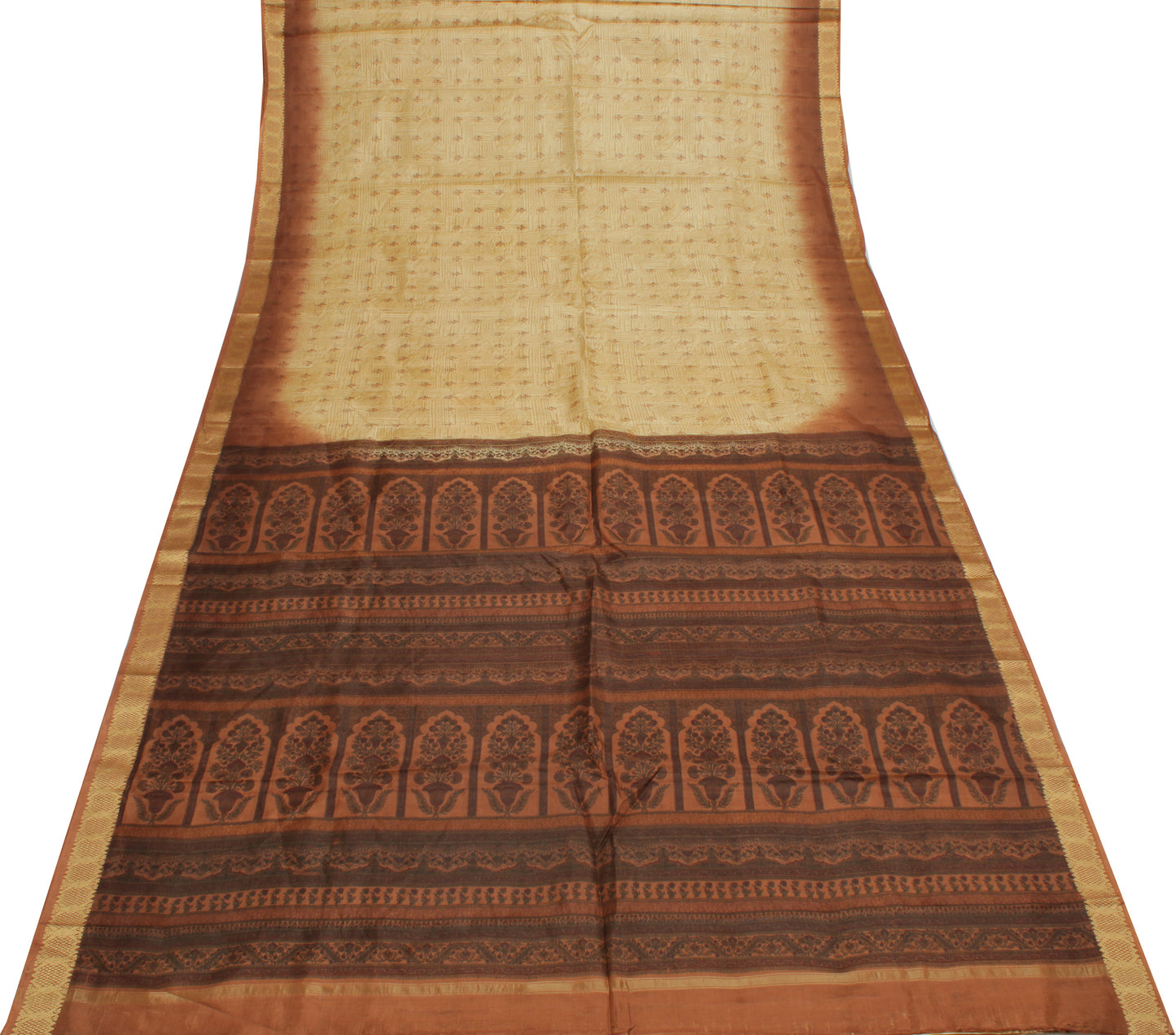Sushila Vintage Cream Indian Saree 100% Pure Silk Printed Floral Craft Fabric