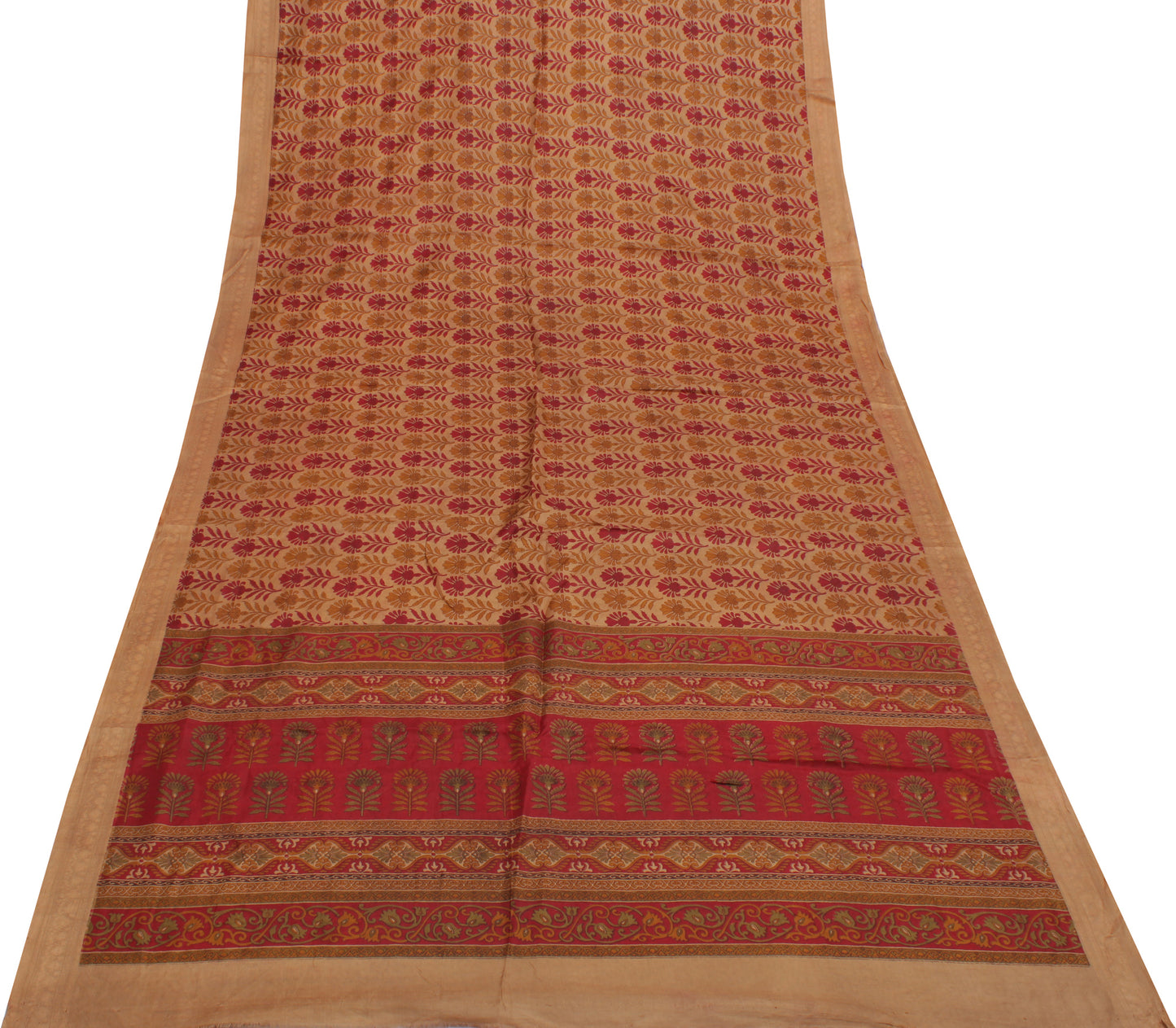 Sushila Vintage Brown Saree 100% Pure Silk Printed Floral Soft Craft Fabric