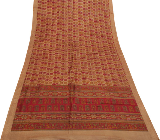 Sushila Vintage Brown Saree 100% Pure Silk Printed Floral Soft Craft Fabric