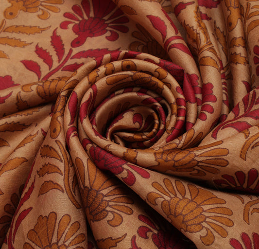 Sushila Vintage Brown Saree 100% Pure Silk Printed Floral Soft Craft Fabric