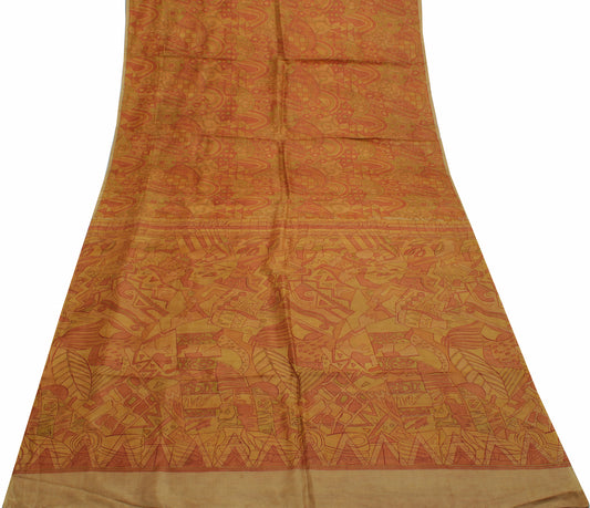 Sushila Vintage Brown Indian Saree 100% Pure Silk Printed Soft Craft Sari Fabric