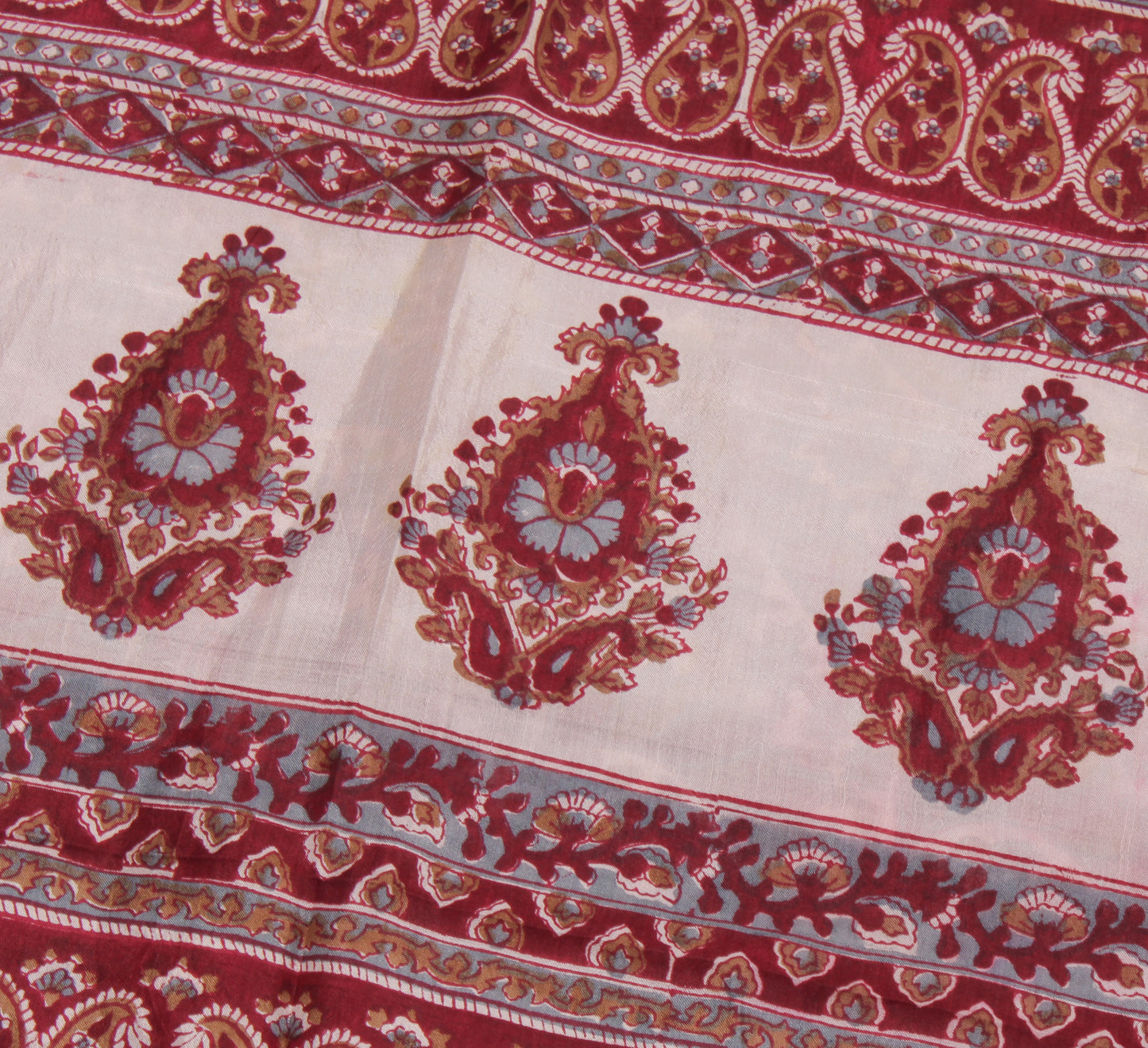 Sushila Vintage Cream Saree 100% Pure Silk Printed Floral Soft Craft Fabric