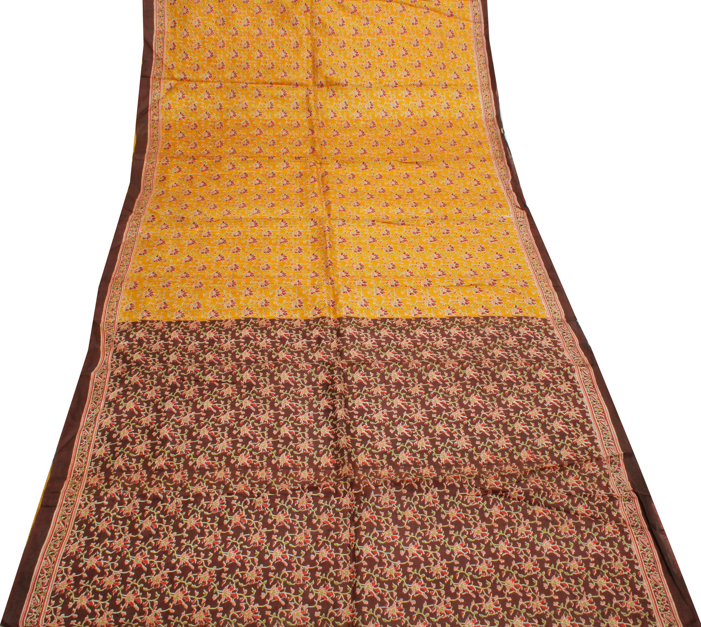 Sushila Vintage Mustard Saree 100% Pure Silk Printed Floral Soft Craft Fabric