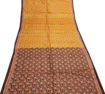 Sushila Vintage Mustard Saree 100% Pure Silk Printed Floral Soft Craft Fabric