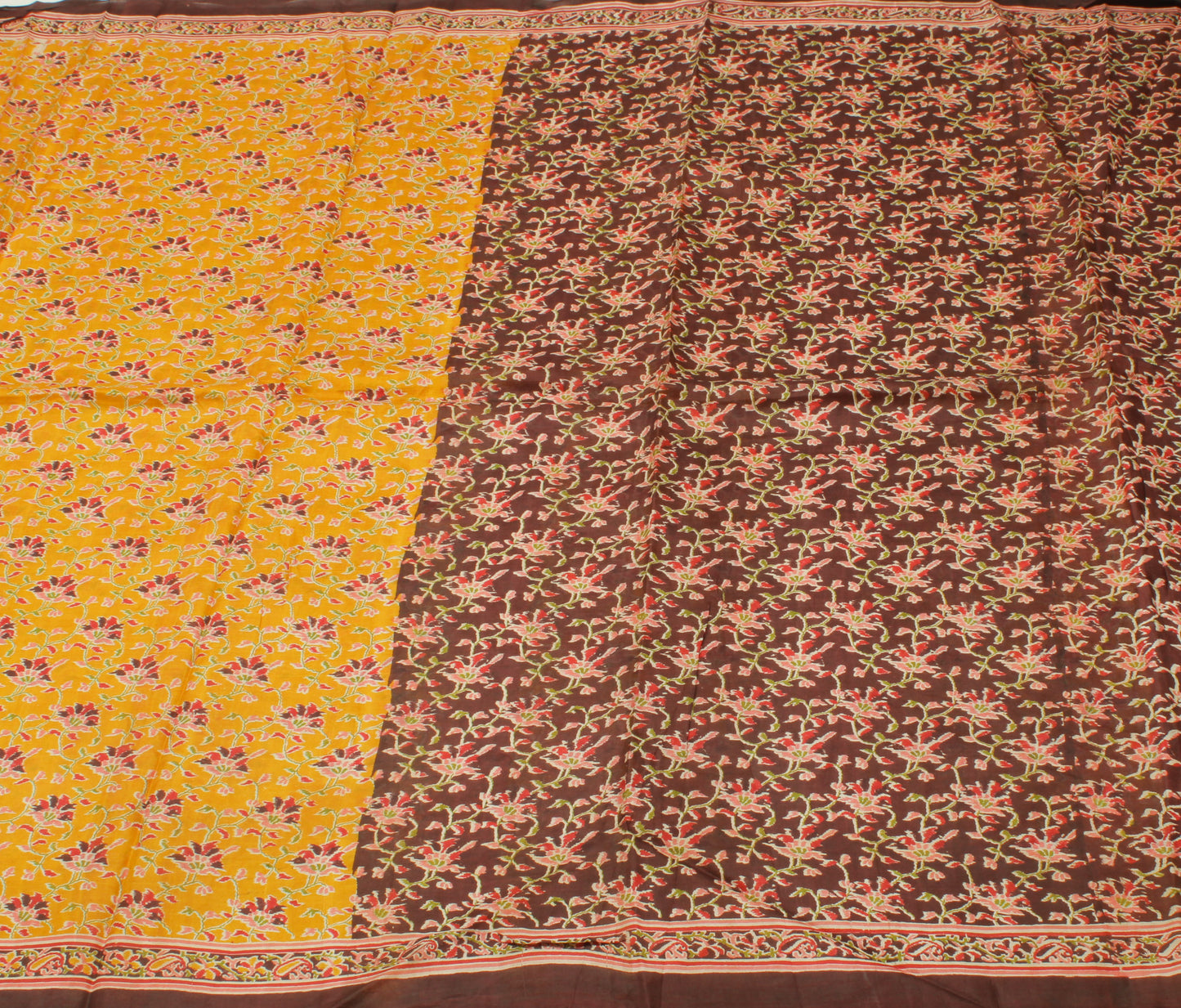 Sushila Vintage Mustard Saree 100% Pure Silk Printed Floral Soft Craft Fabric