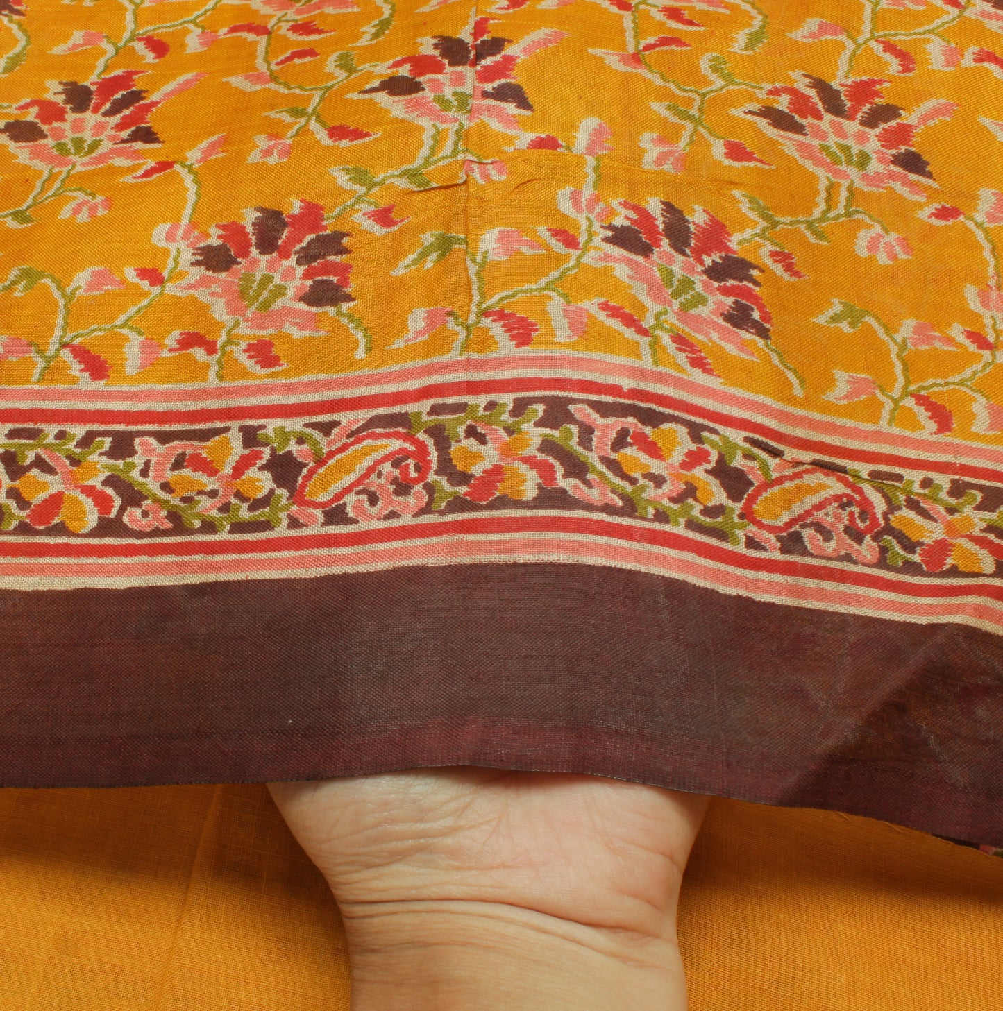 Sushila Vintage Mustard Saree 100% Pure Silk Printed Floral Soft Craft Fabric