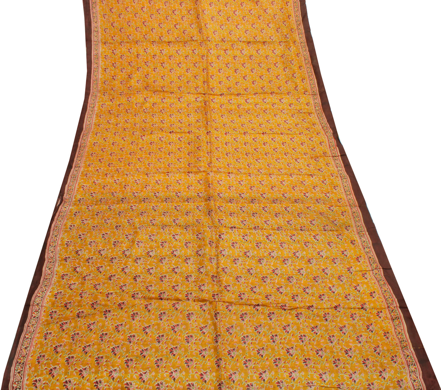 Sushila Vintage Mustard Saree 100% Pure Silk Printed Floral Soft Craft Fabric