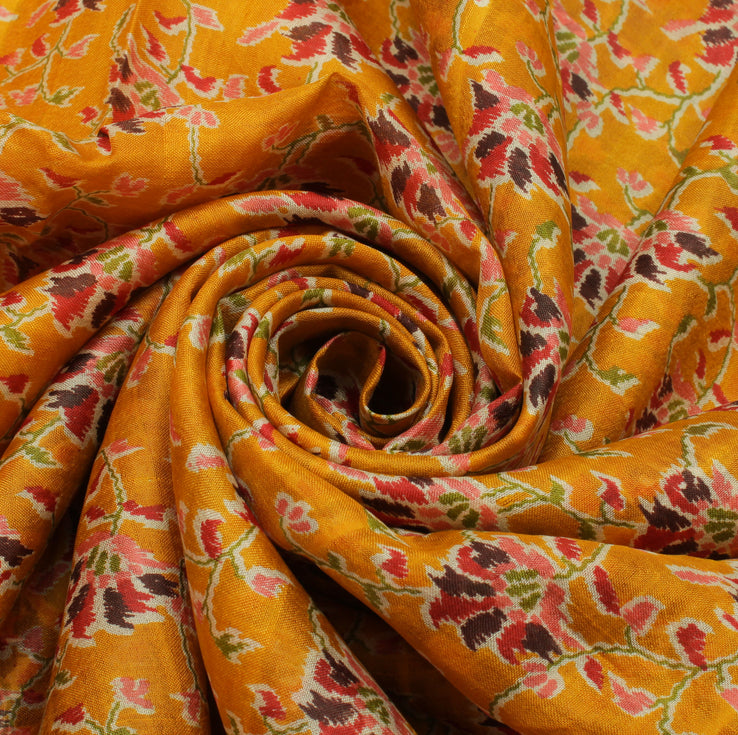 Sushila Vintage Mustard Saree 100% Pure Silk Printed Floral Soft Craft Fabric