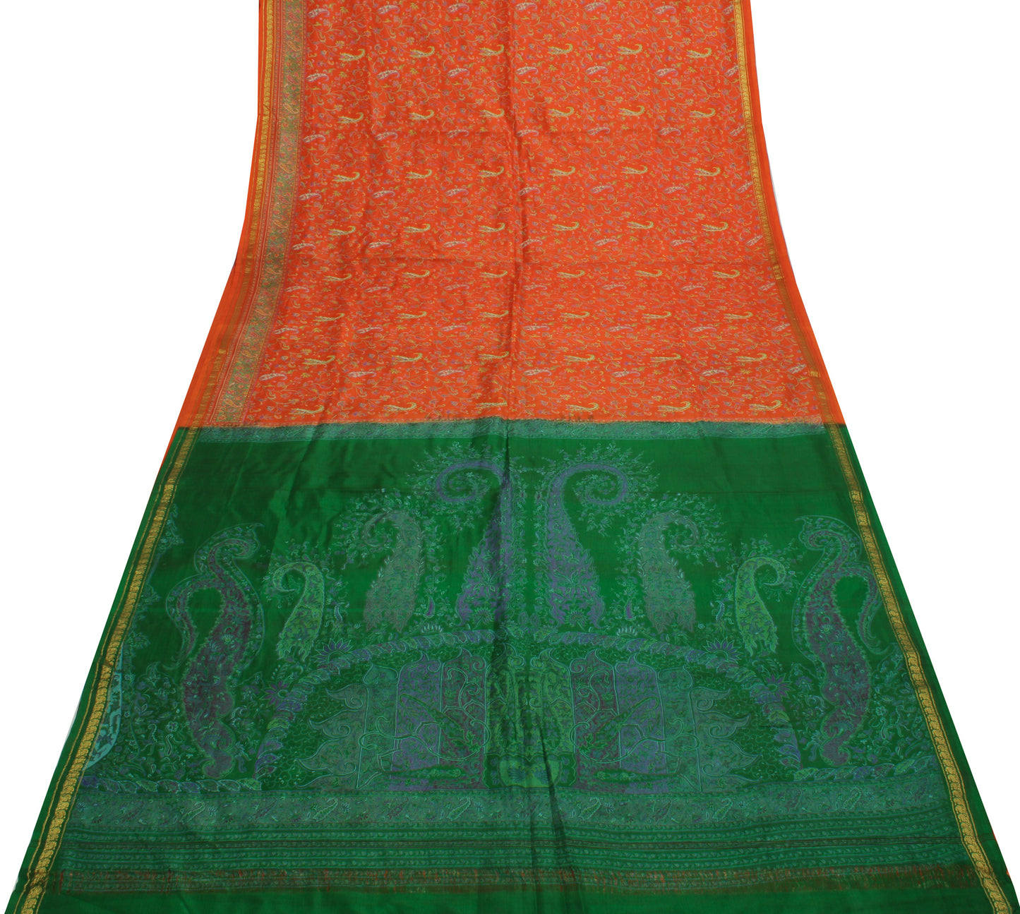 Sushila Vintage Orange Saree 100% Pure Silk Printed Floral Soft Craft Fabric