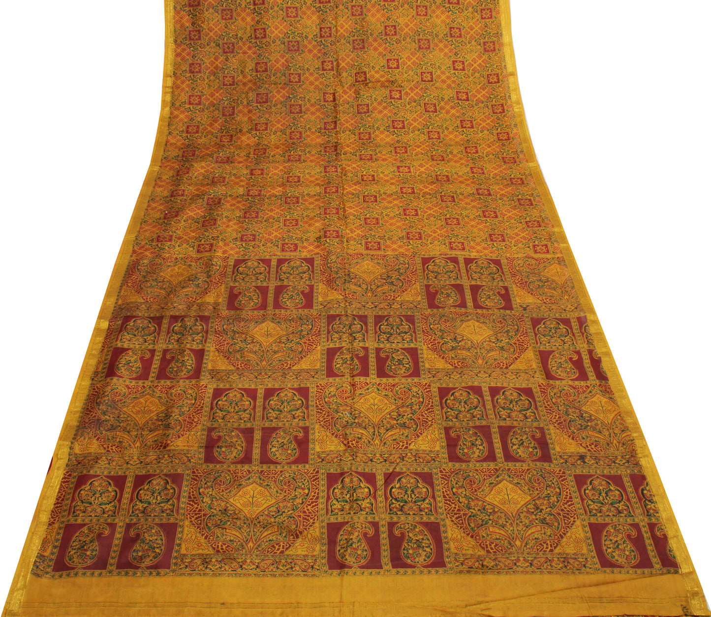Sushila Vintage Mustard Saree 100% Pure Silk Printed Soft 5 Yard Craft Fabric
