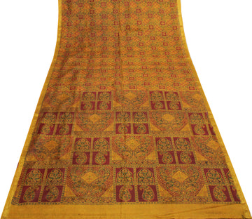 Sushila Vintage Mustard Saree 100% Pure Silk Printed Soft 5 Yard Craft Fabric