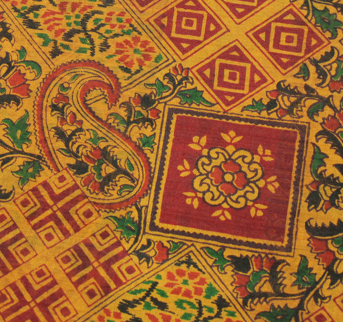 Sushila Vintage Mustard Saree 100% Pure Silk Printed Soft 5 Yard Craft Fabric