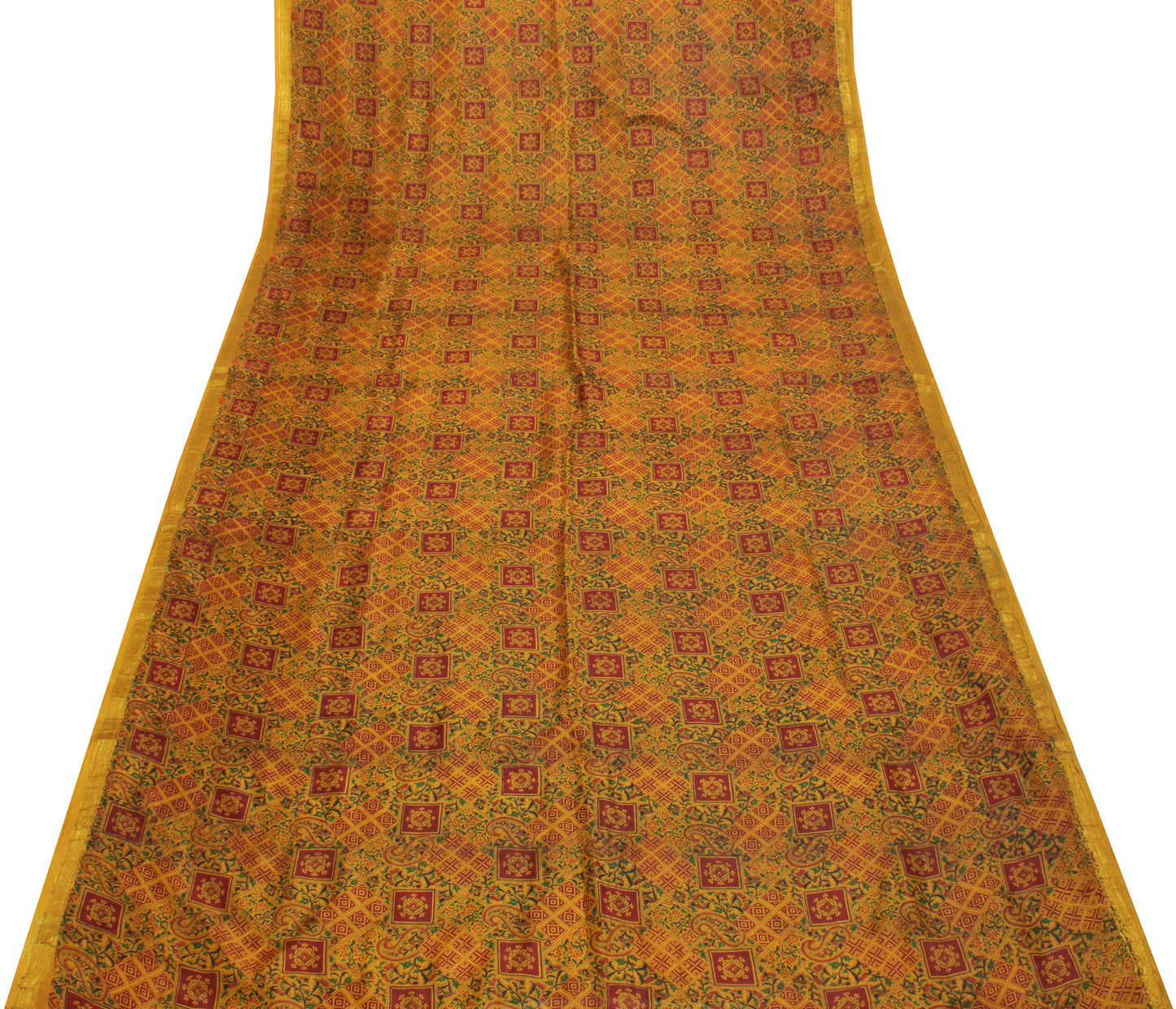 Sushila Vintage Mustard Saree 100% Pure Silk Printed Soft 5 Yard Craft Fabric