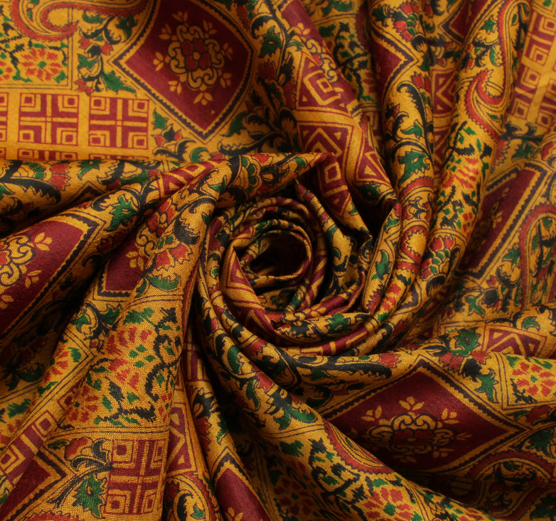 Sushila Vintage Mustard Saree 100% Pure Silk Printed Soft 5 Yard Craft Fabric