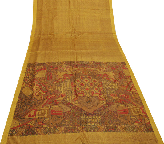 Sushila Vintage Mustard Saree 100% Pure Silk Printed Floral Soft Craft Fabric