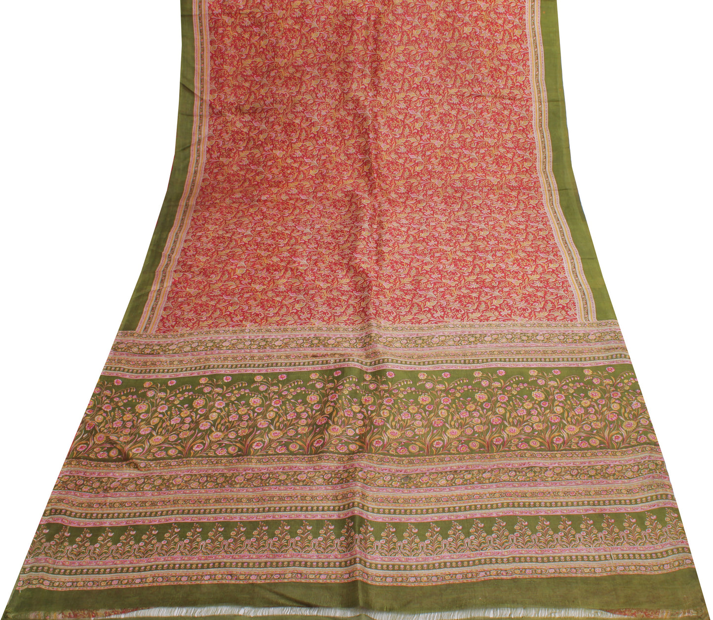 Sushila Vintage Red Saree 100% Pure Silk Printed Floral Soft Craft 5 Yard Fabric