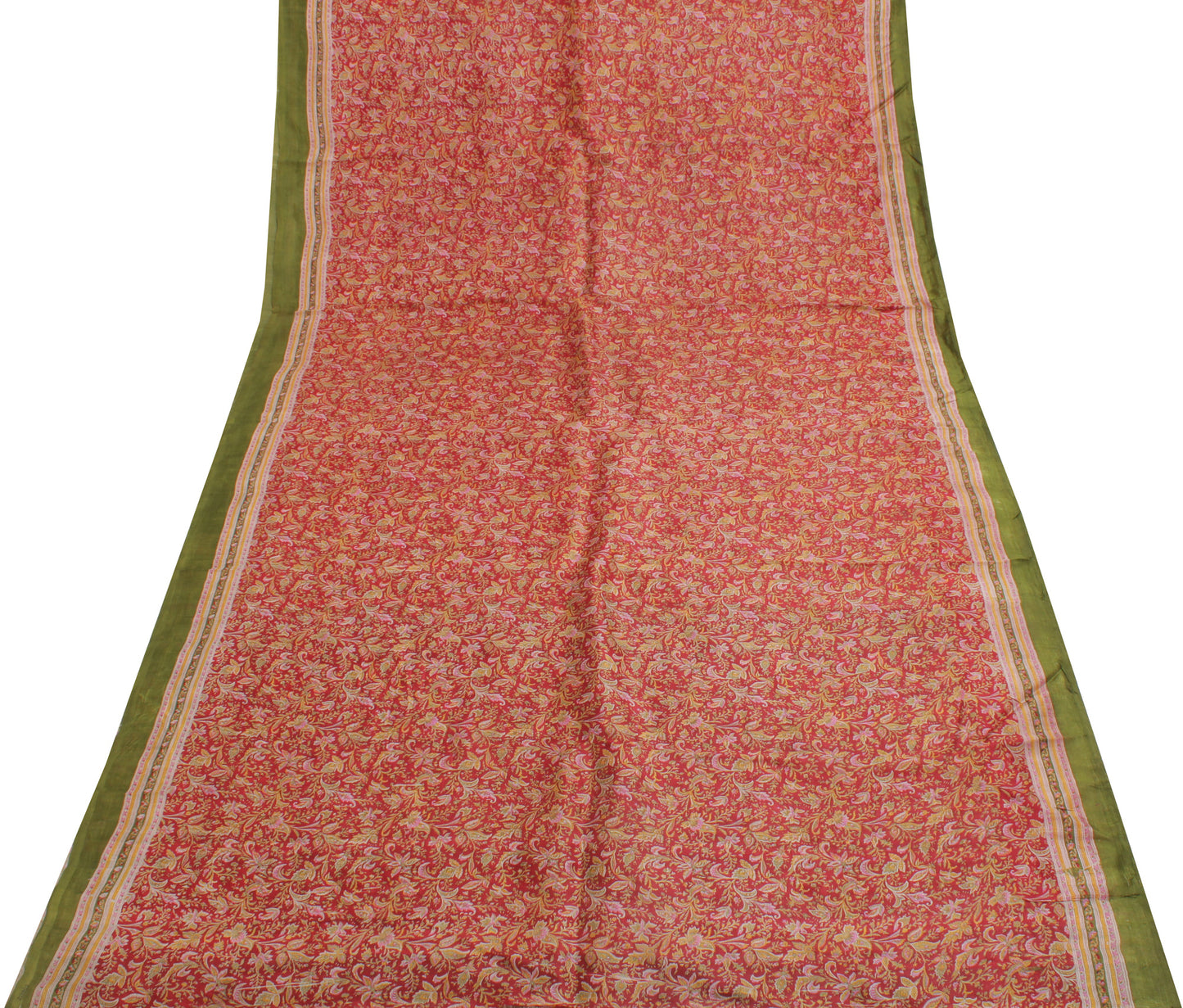 Sushila Vintage Red Saree 100% Pure Silk Printed Floral Soft Craft 5 Yard Fabric