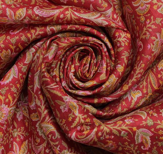Sushila Vintage Red Saree 100% Pure Silk Printed Floral Soft Craft 5 Yard Fabric