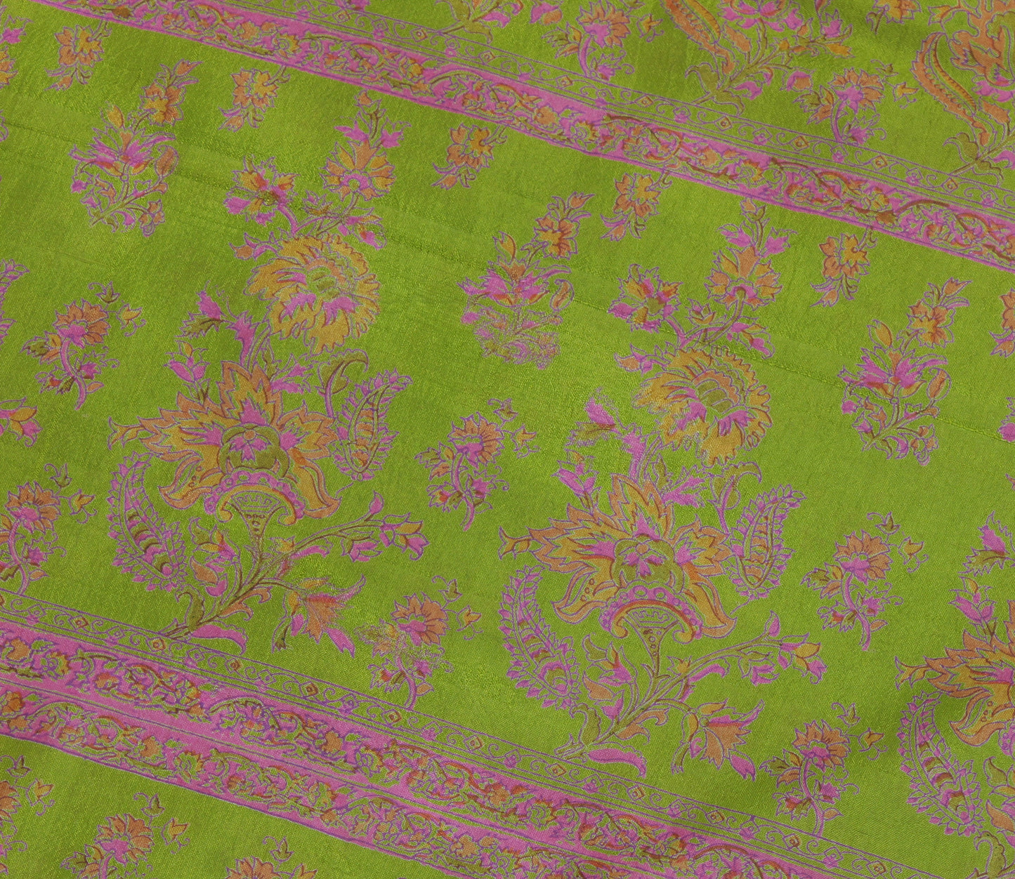 Sushila Vintage Green Saree 100% Pure Silk Printed Floral Soft Craft Sari Fabric