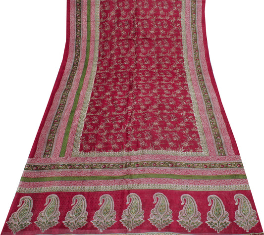 Sushila Vintage Maroon Saree 100% Pure Silk Printed Floral Soft Craft Fabric