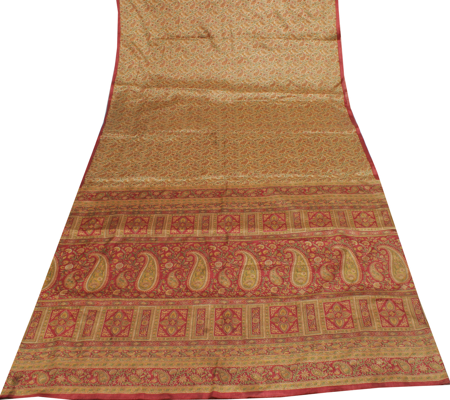 Sushila Vintage Cream Saree Blend Silk Printed Paisley Soft Craft 5 Yard Fabric