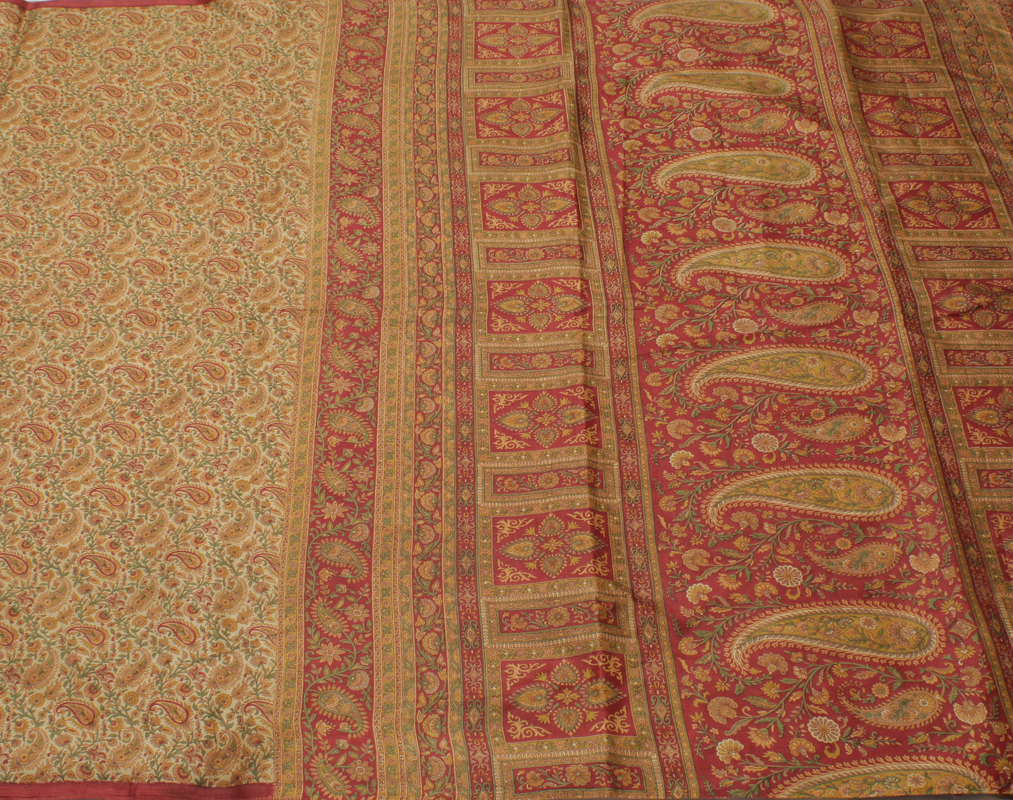 Sushila Vintage Cream Saree Blend Silk Printed Paisley Soft Craft 5 Yard Fabric