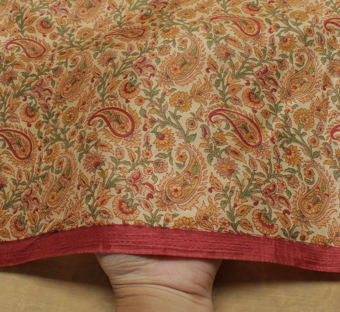 Sushila Vintage Cream Saree Blend Silk Printed Paisley Soft Craft 5 Yard Fabric