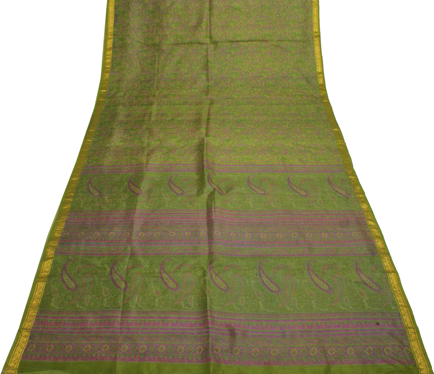 Sushila Vintage Green Saree 100% Pure Silk Printed Paisley Soft Craft Fabric