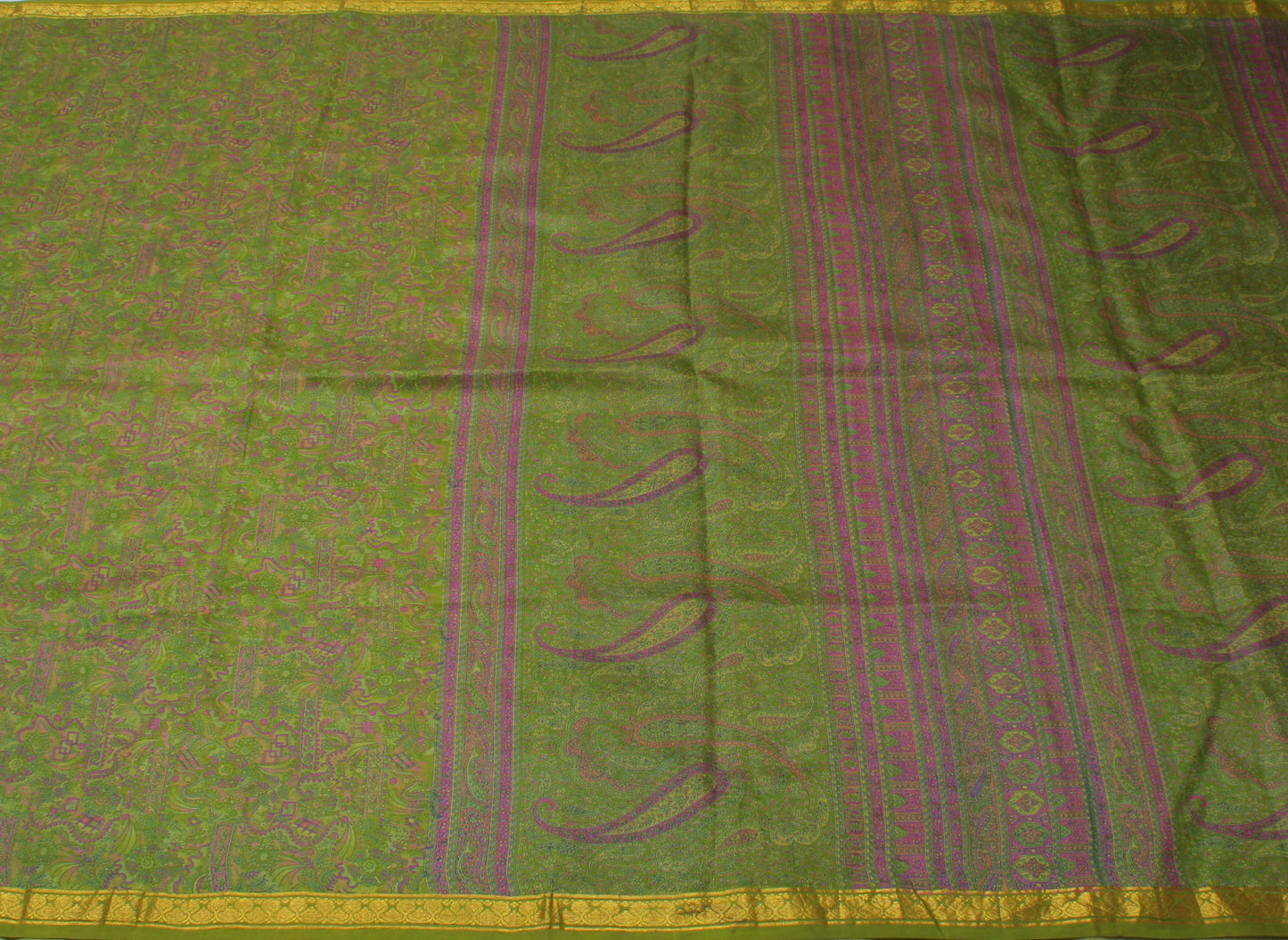 Sushila Vintage Green Saree 100% Pure Silk Printed Paisley Soft Craft Fabric