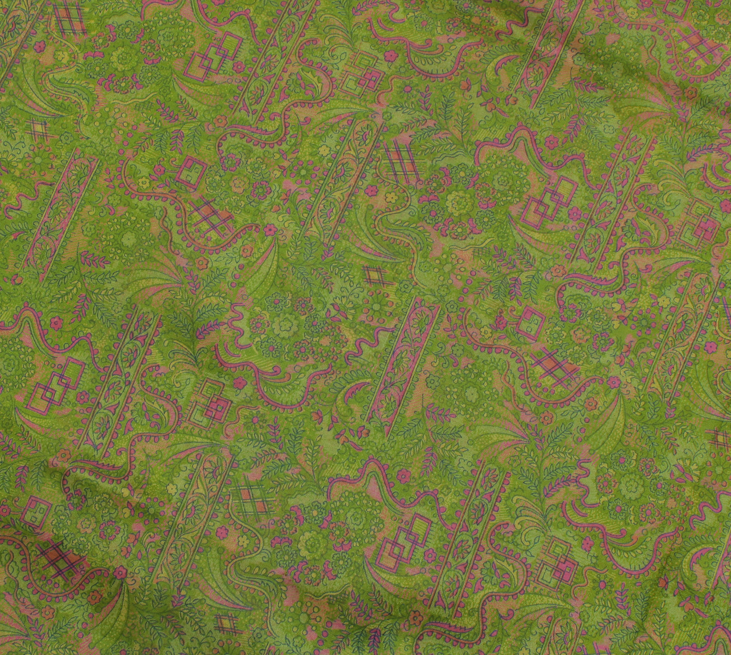 Sushila Vintage Green Saree 100% Pure Silk Printed Paisley Soft Craft Fabric