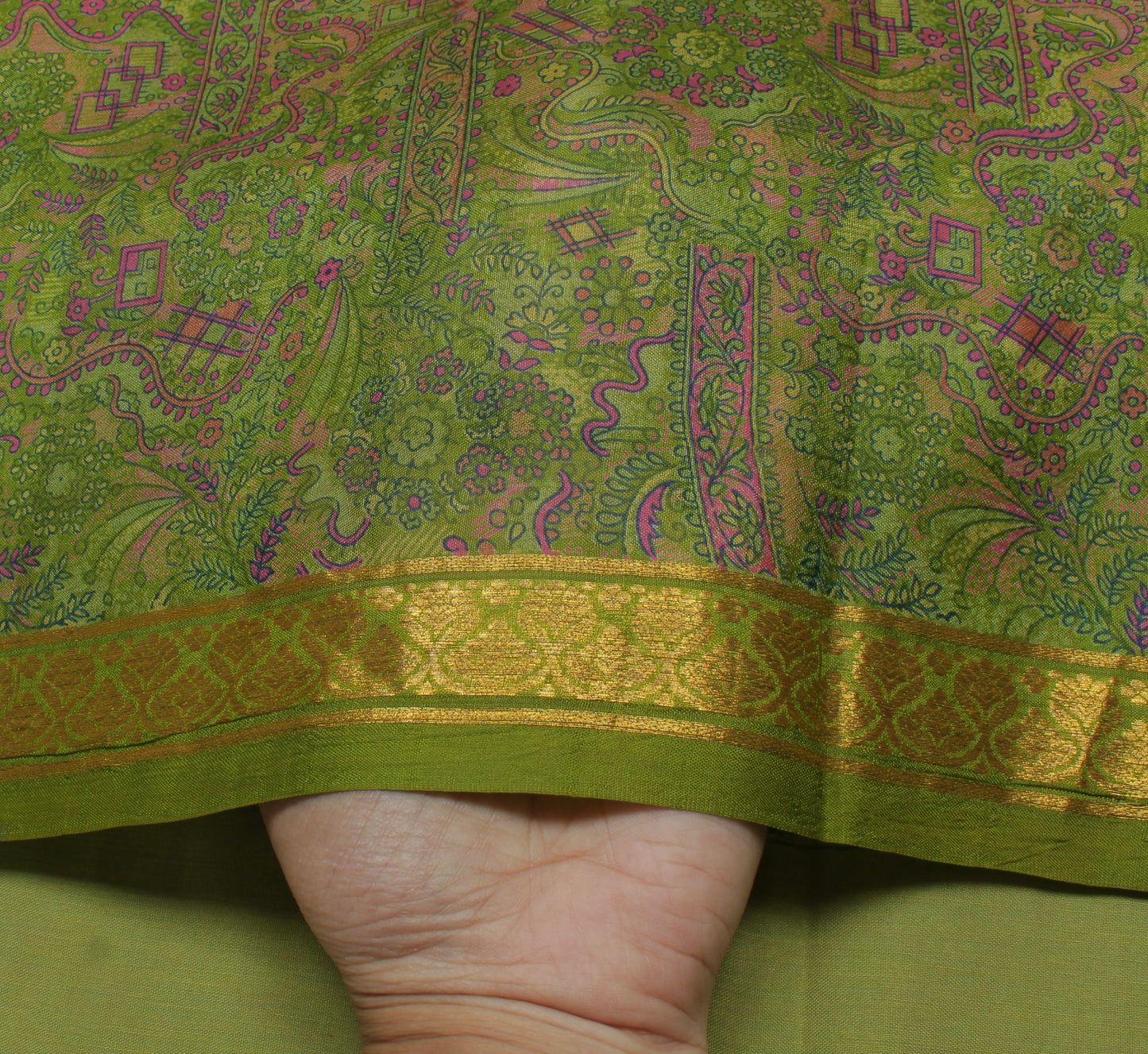 Sushila Vintage Green Saree 100% Pure Silk Printed Paisley Soft Craft Fabric