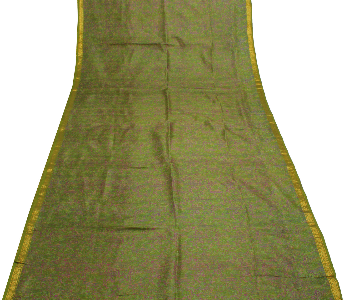 Sushila Vintage Green Saree 100% Pure Silk Printed Paisley Soft Craft Fabric