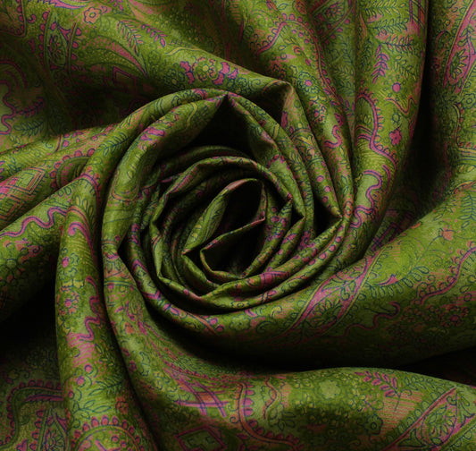 Sushila Vintage Green Saree 100% Pure Silk Printed Paisley Soft Craft Fabric
