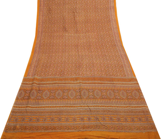 Sushila Vintage Mustard Saree 100% Pure Silk Printed Floral Soft Craft Fabric