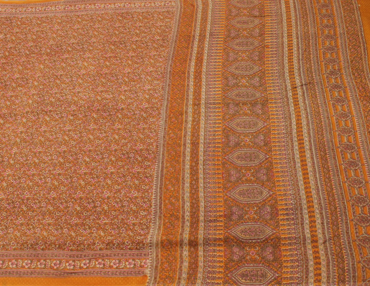 Sushila Vintage Mustard Saree 100% Pure Silk Printed Floral Soft Craft Fabric