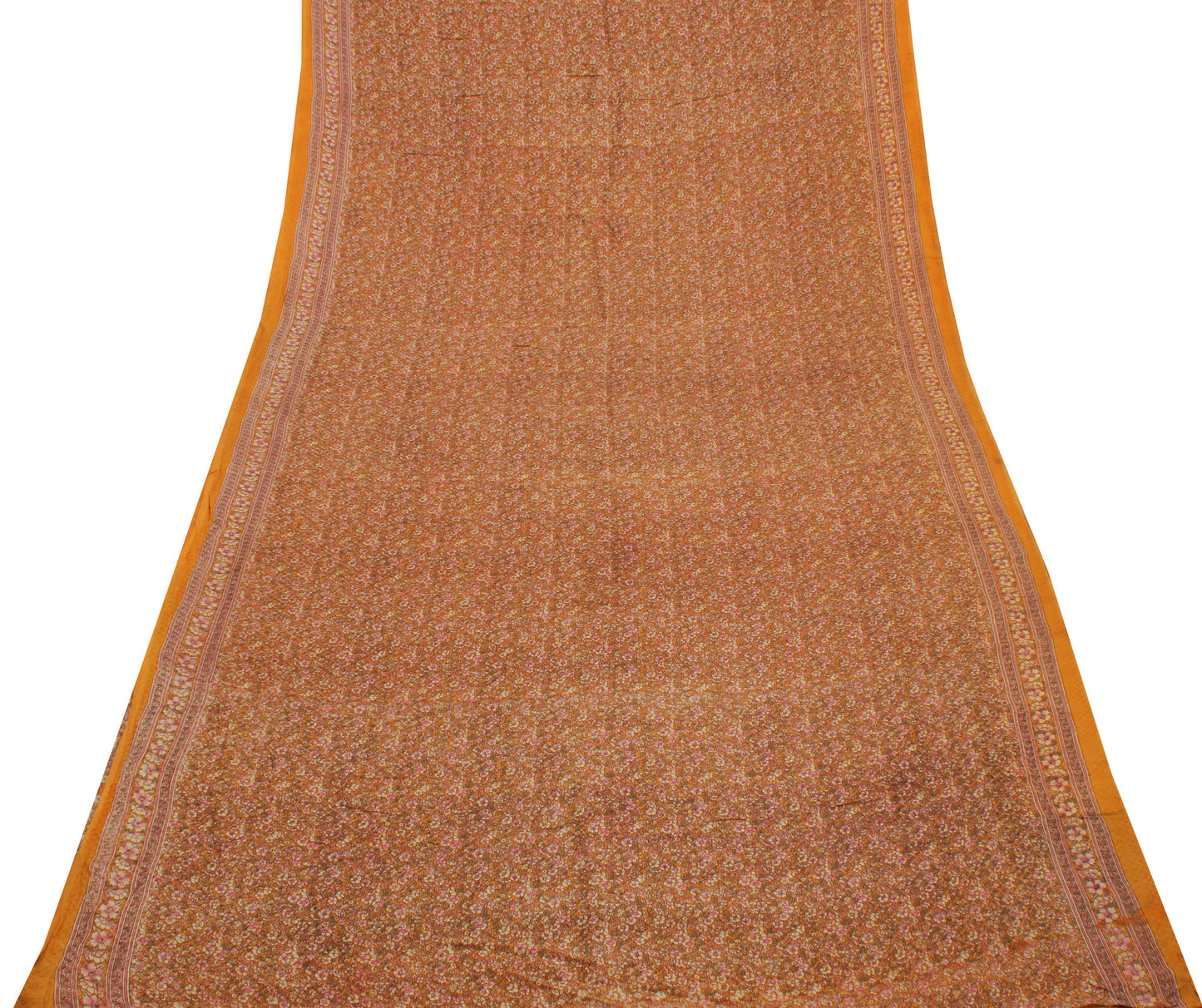 Sushila Vintage Mustard Saree 100% Pure Silk Printed Floral Soft Craft Fabric