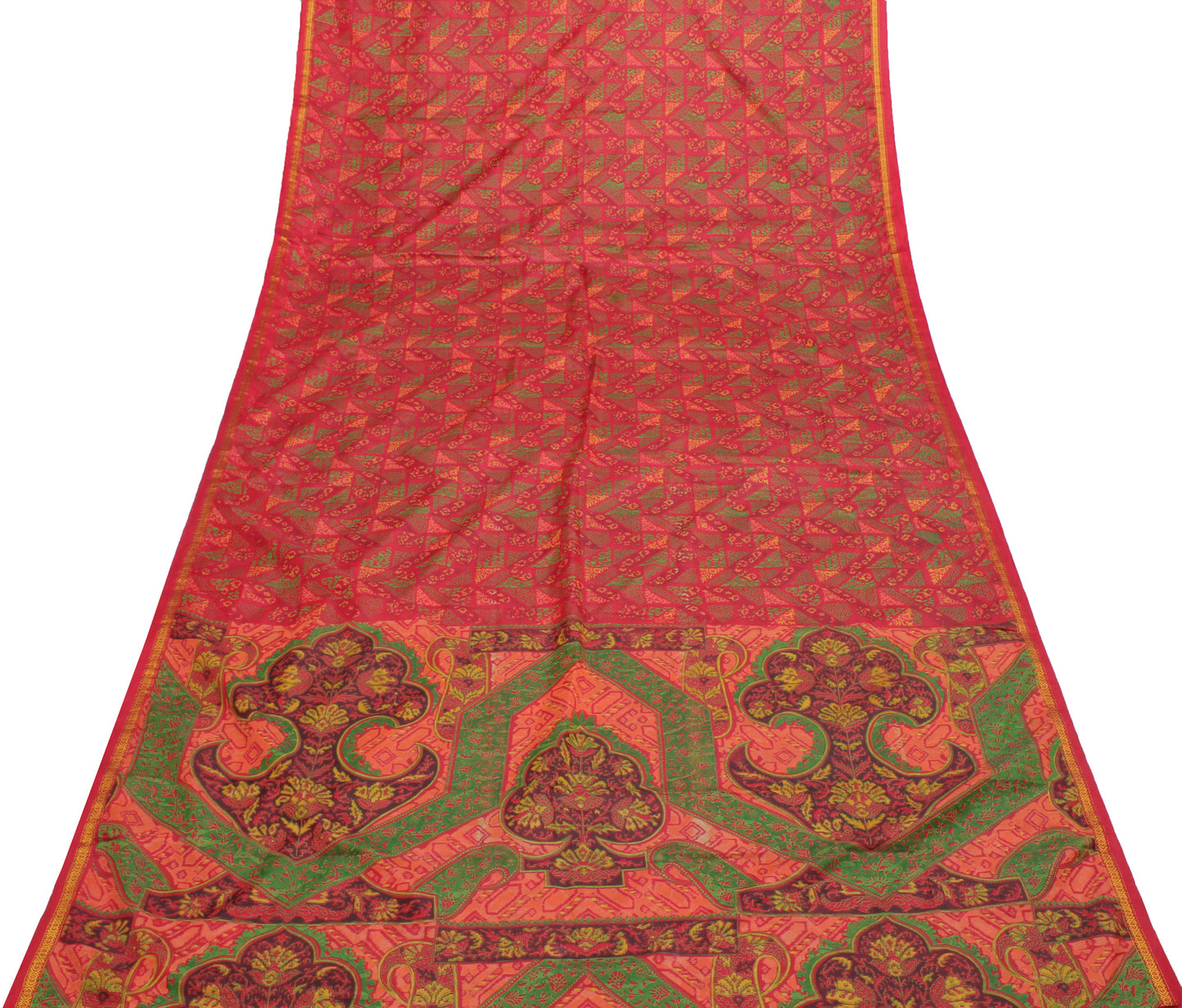 Sushila Vintage Red Saree Blend Silk Printed Floral Soft Craft 5 Yard Fabric