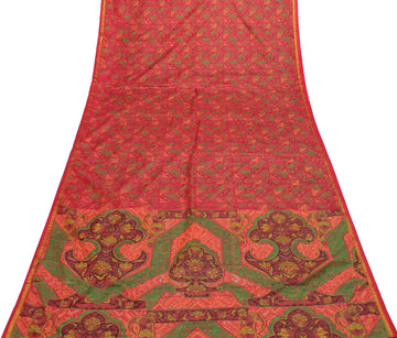 Sushila Vintage Red Saree Blend Silk Printed Floral Soft Craft 5 Yard Fabric