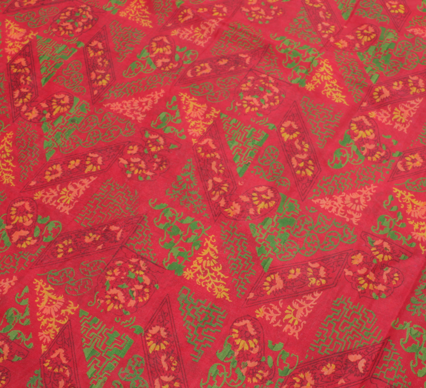 Sushila Vintage Red Saree Blend Silk Printed Floral Soft Craft 5 Yard Fabric