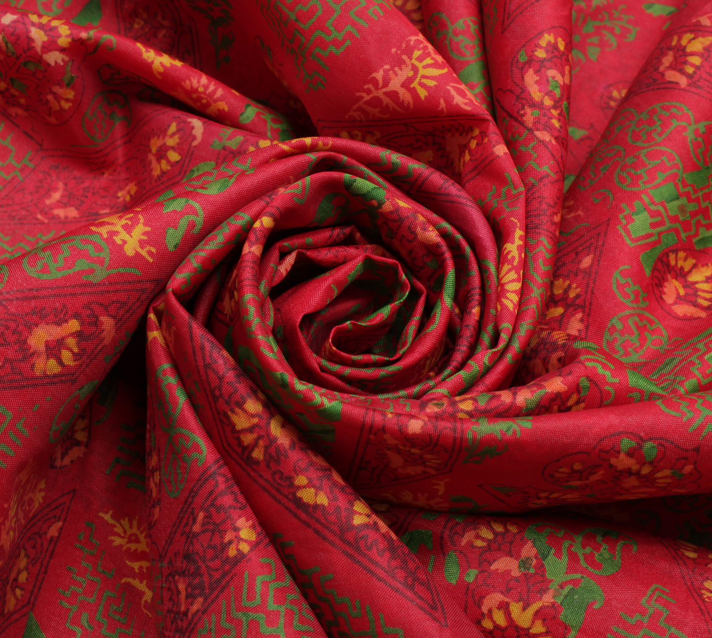 Sushila Vintage Red Saree Blend Silk Printed Floral Soft Craft 5 Yard Fabric